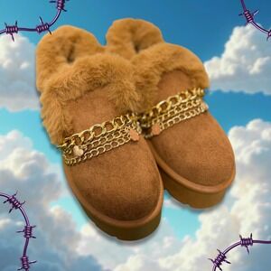 Carl Karida Brown Suede Fur Trimmed Platform Slippers Mules Shoes size 9